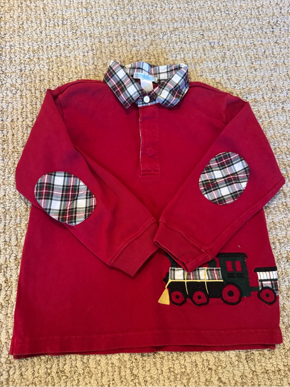 Janie and Jack 4 Train Red Long-Sleeve Polo with Plaid Accents